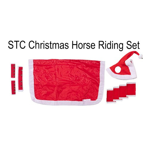 Christmas Horse Riding Set Santa Hat, Quarter Sheet, Leg Wraps, 3 Piece Bridle Set